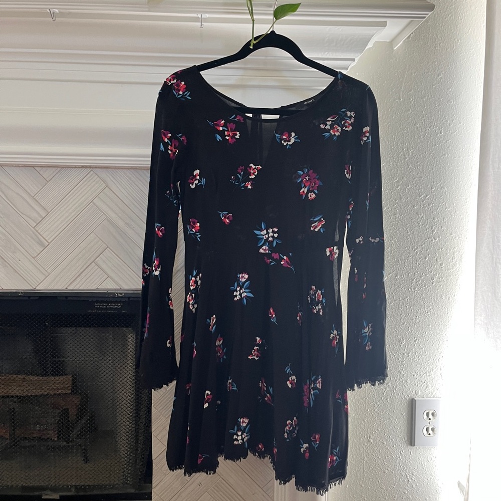 Forever 21 Black Floral Bell Sleeve Mini Dress- Size S